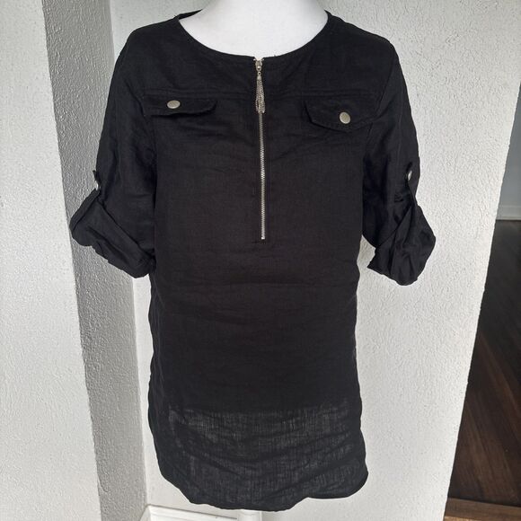 Ellen Tracy 100% Linen Black Dress Top Tunic W 3/4 Sleeves Size Small - Picture 2 of 8